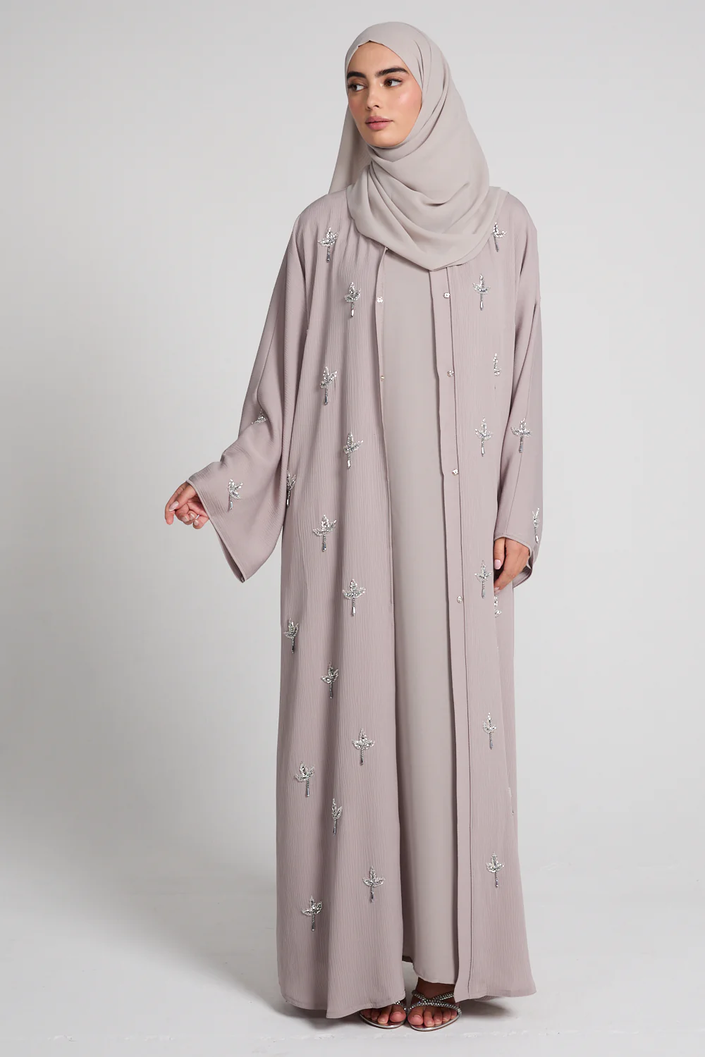 Premium Textured Dewdrop Bloom Open Abaya - French Oak - Image 6