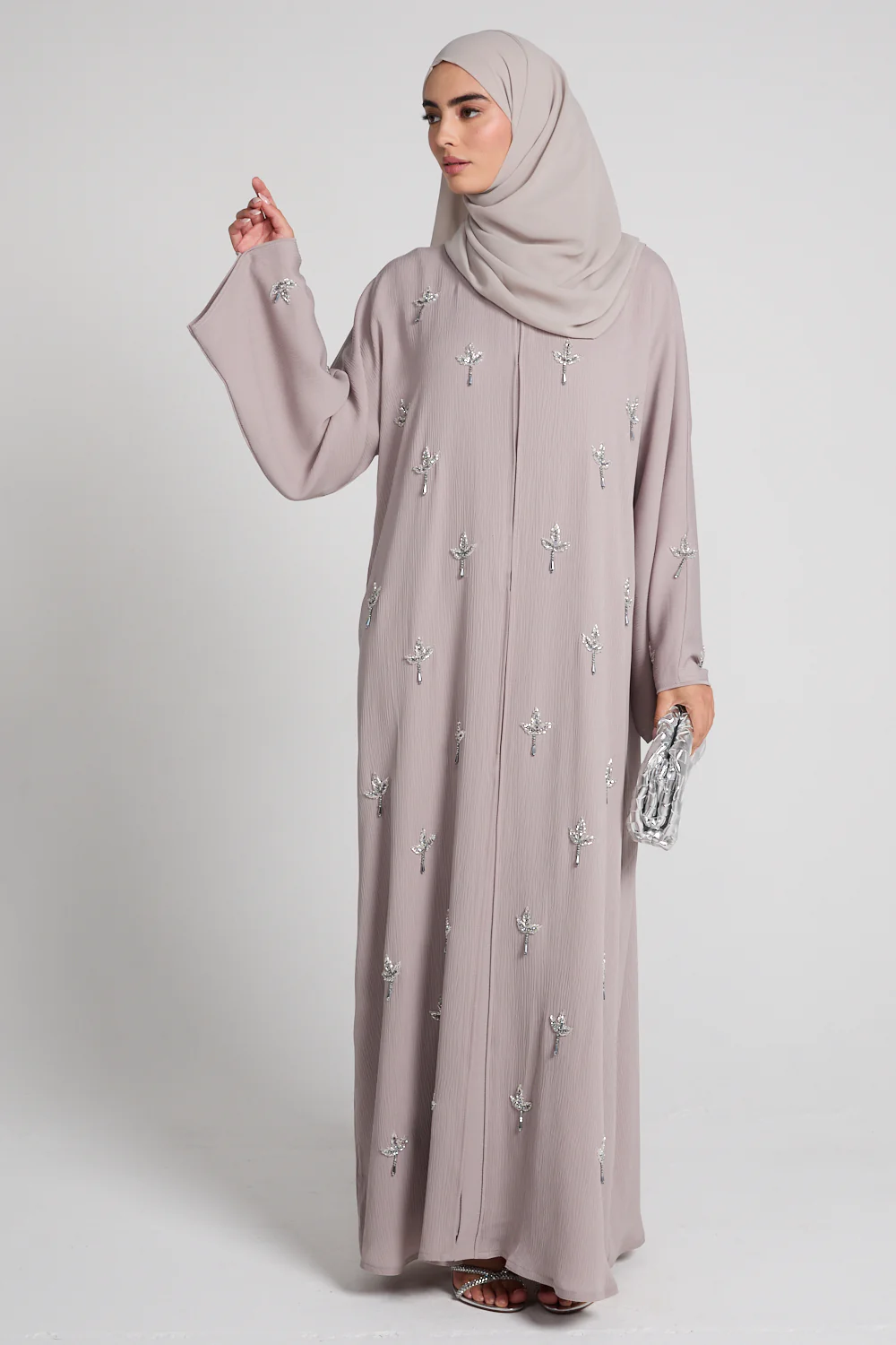 Premium Textured Dewdrop Bloom Open Abaya - French Oak - Image 7