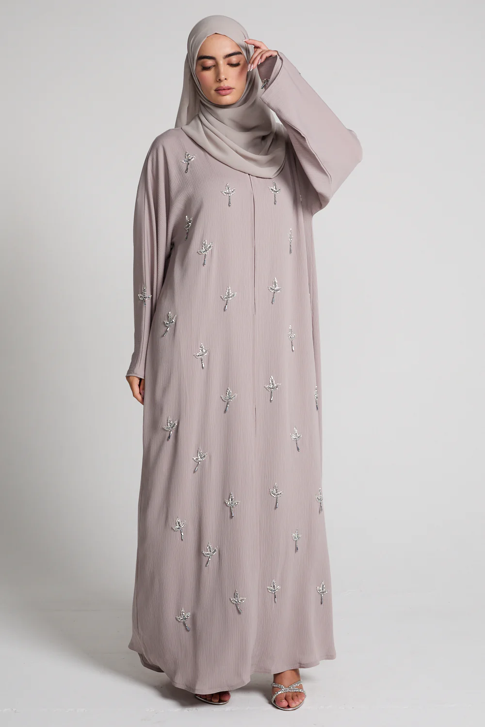 Premium Textured Dewdrop Bloom Open Abaya - French Oak - Image 8