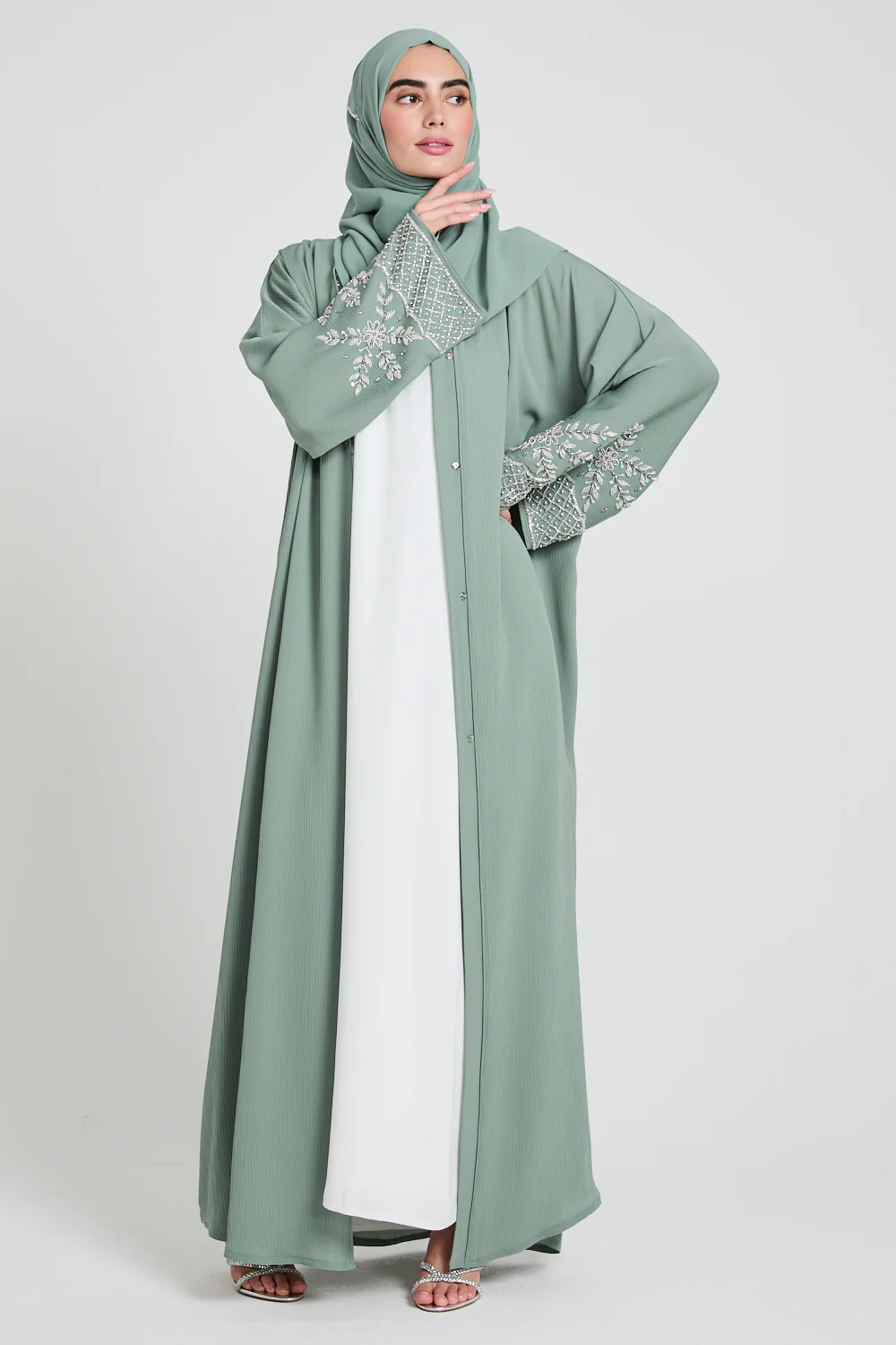 Premium Textured Embellished Cuff Open Abaya - Sage - Image 3