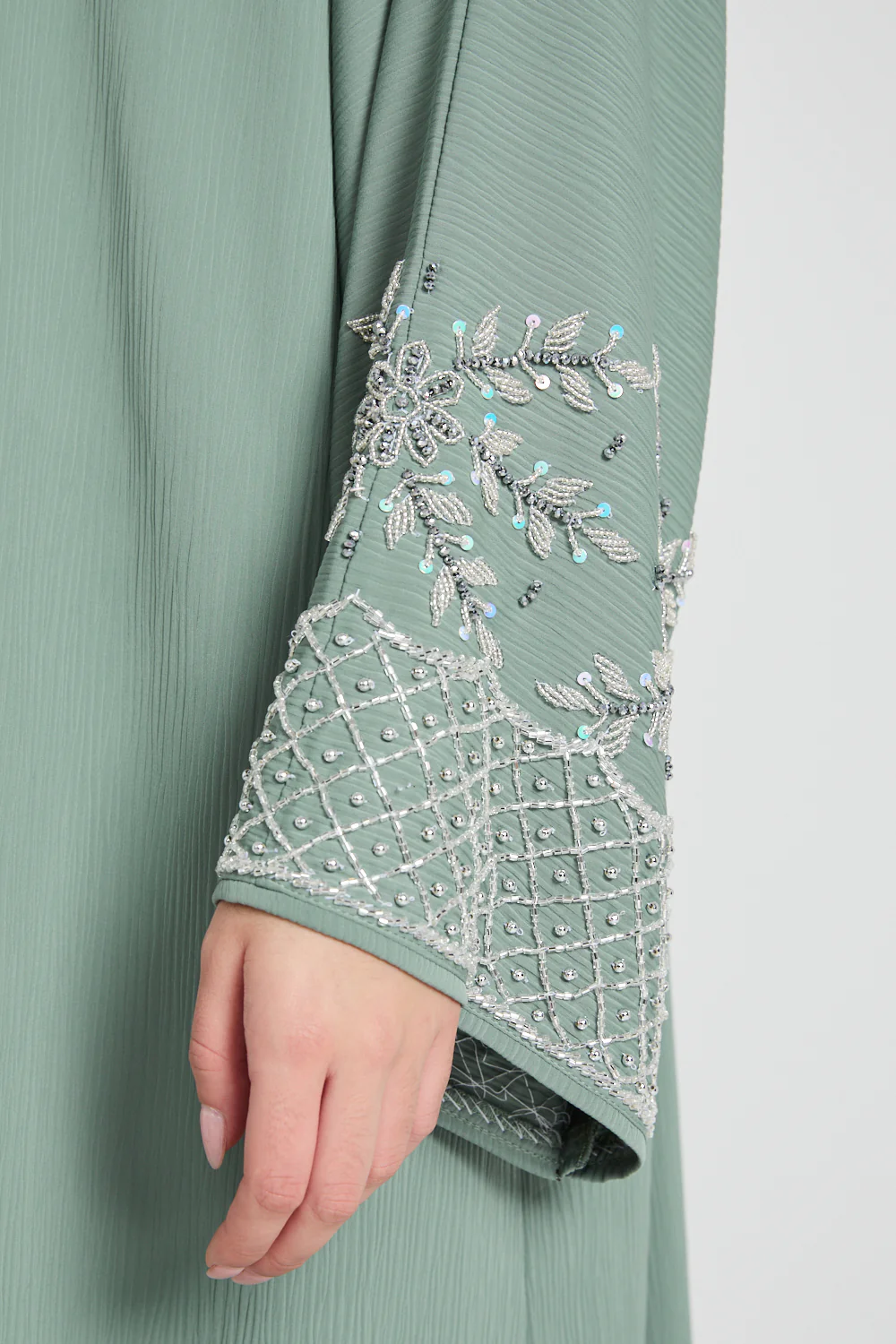 Premium Textured Embellished Cuff Open Abaya - Sage - Image 4