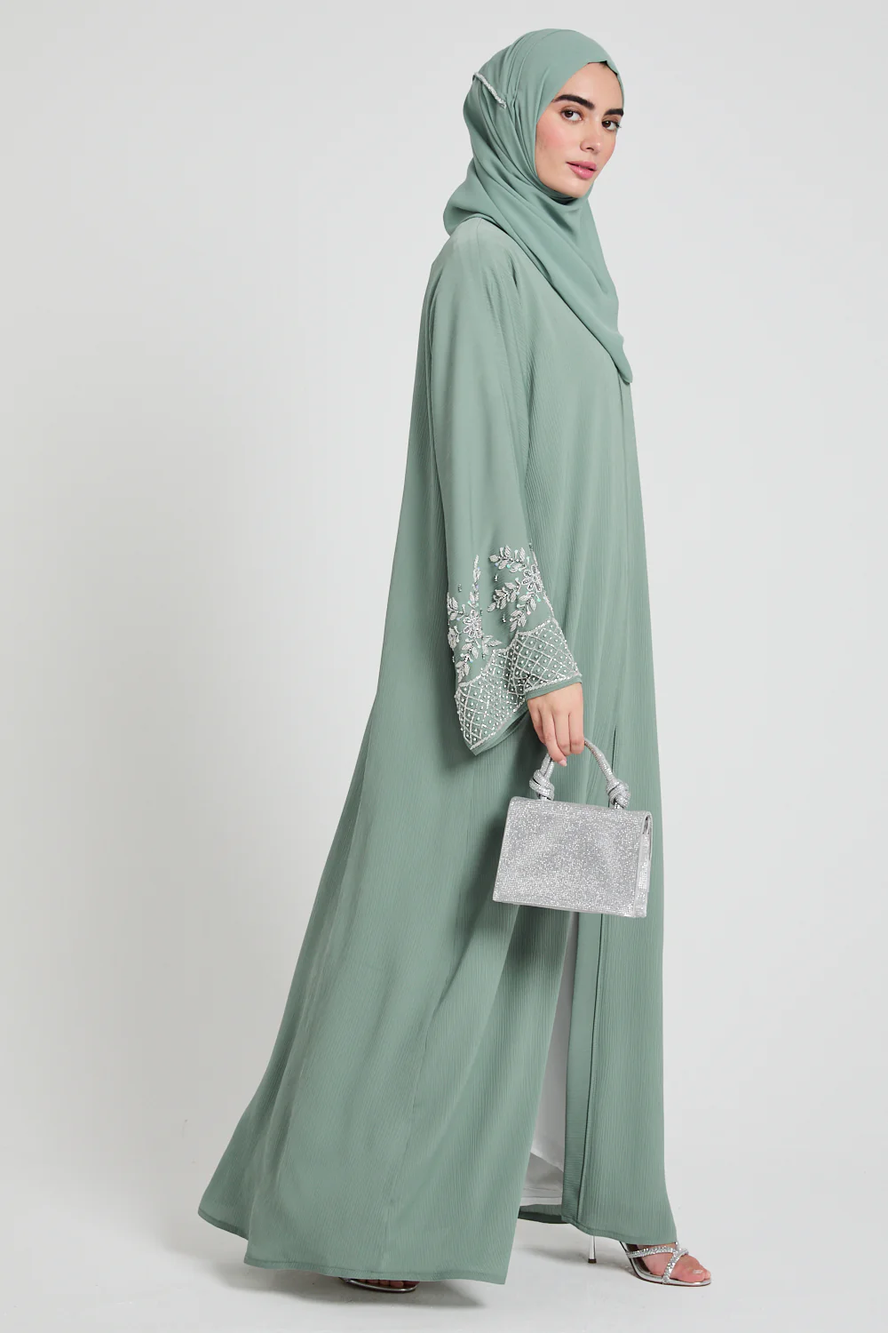 Premium Textured Embellished Cuff Open Abaya - Sage - Image 5