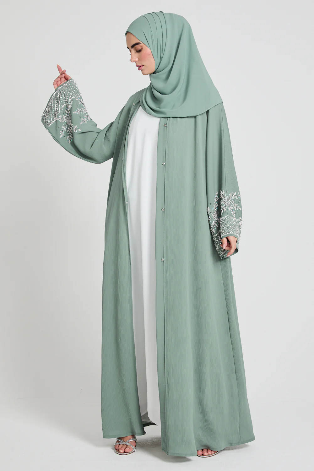 Premium Textured Embellished Cuff Open Abaya - Sage - Image 6