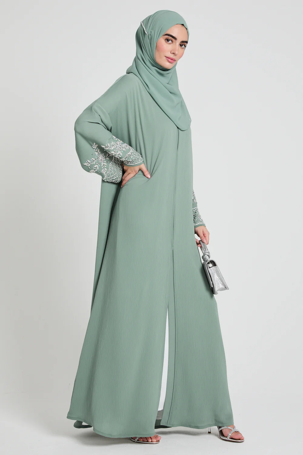Premium Textured Embellished Cuff Open Abaya - Sage - Image 7