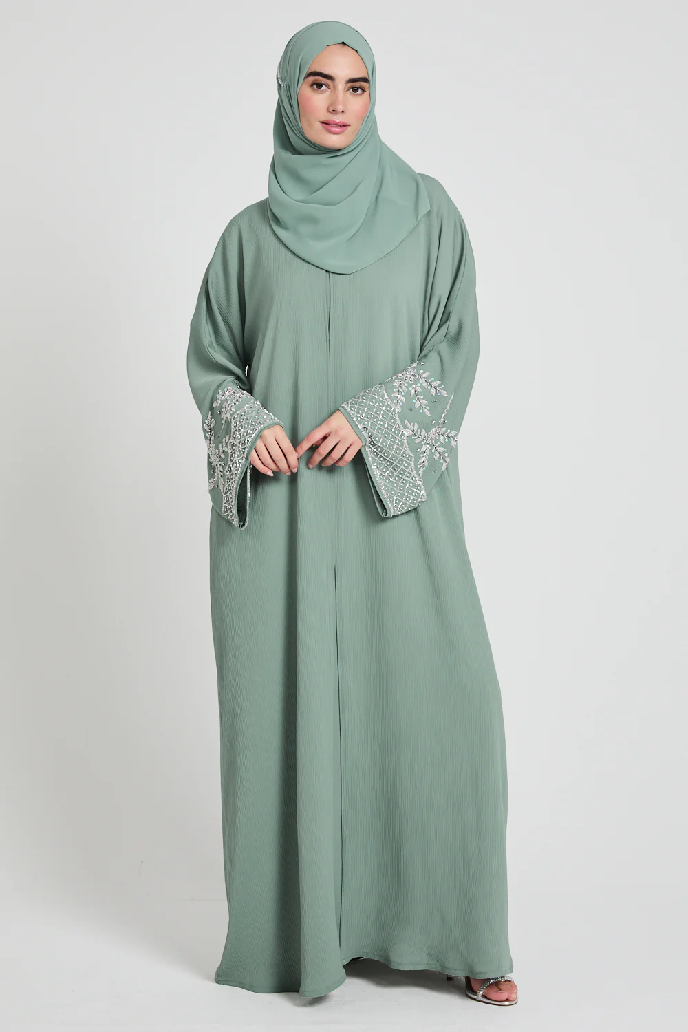 Premium Textured Embellished Cuff Open Abaya - Sage - Image 8