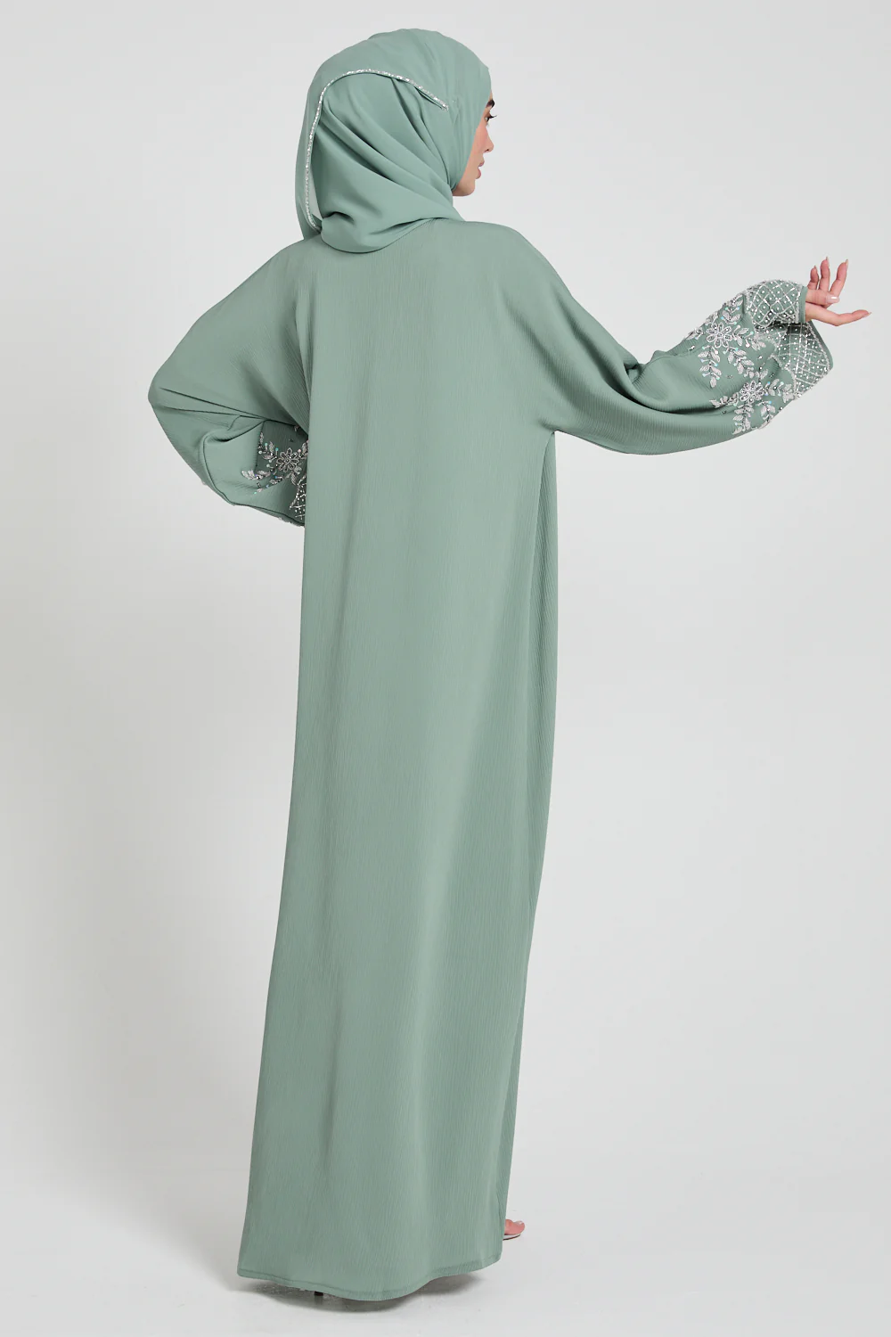 Premium Textured Embellished Cuff Open Abaya - Sage - Image 9