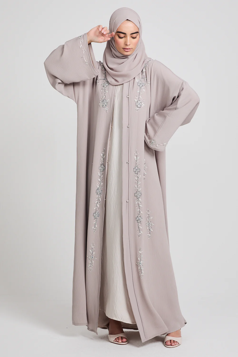 Premium Textured Embellished Open Abaya - French Oak - Image 3