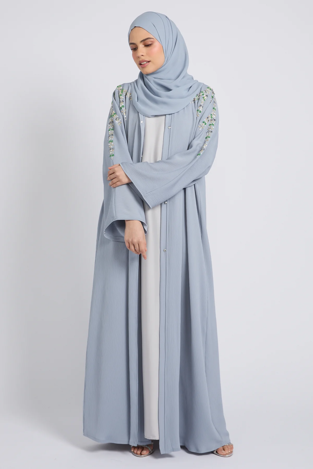 Premium Textured Enchanted Garden Embellished Open Abaya - Powder Blue - Image 3
