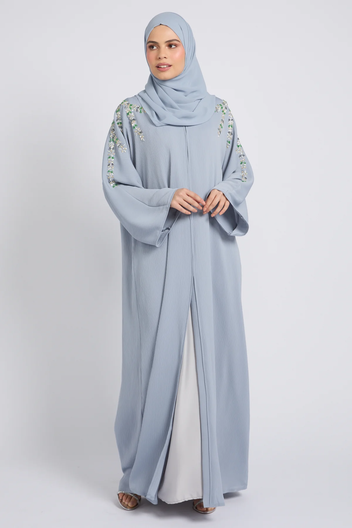 Premium Textured Enchanted Garden Embellished Open Abaya - Powder Blue - Image 4