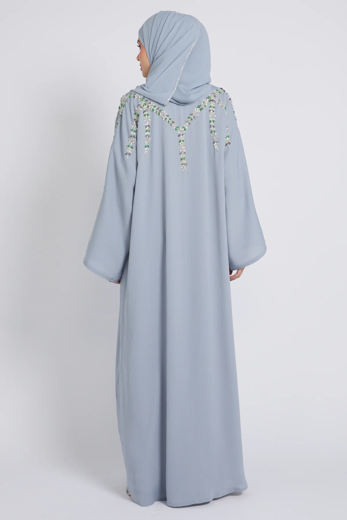 Premium Textured Enchanted Garden Embellished Open Abaya - Powder Blue - Image 5