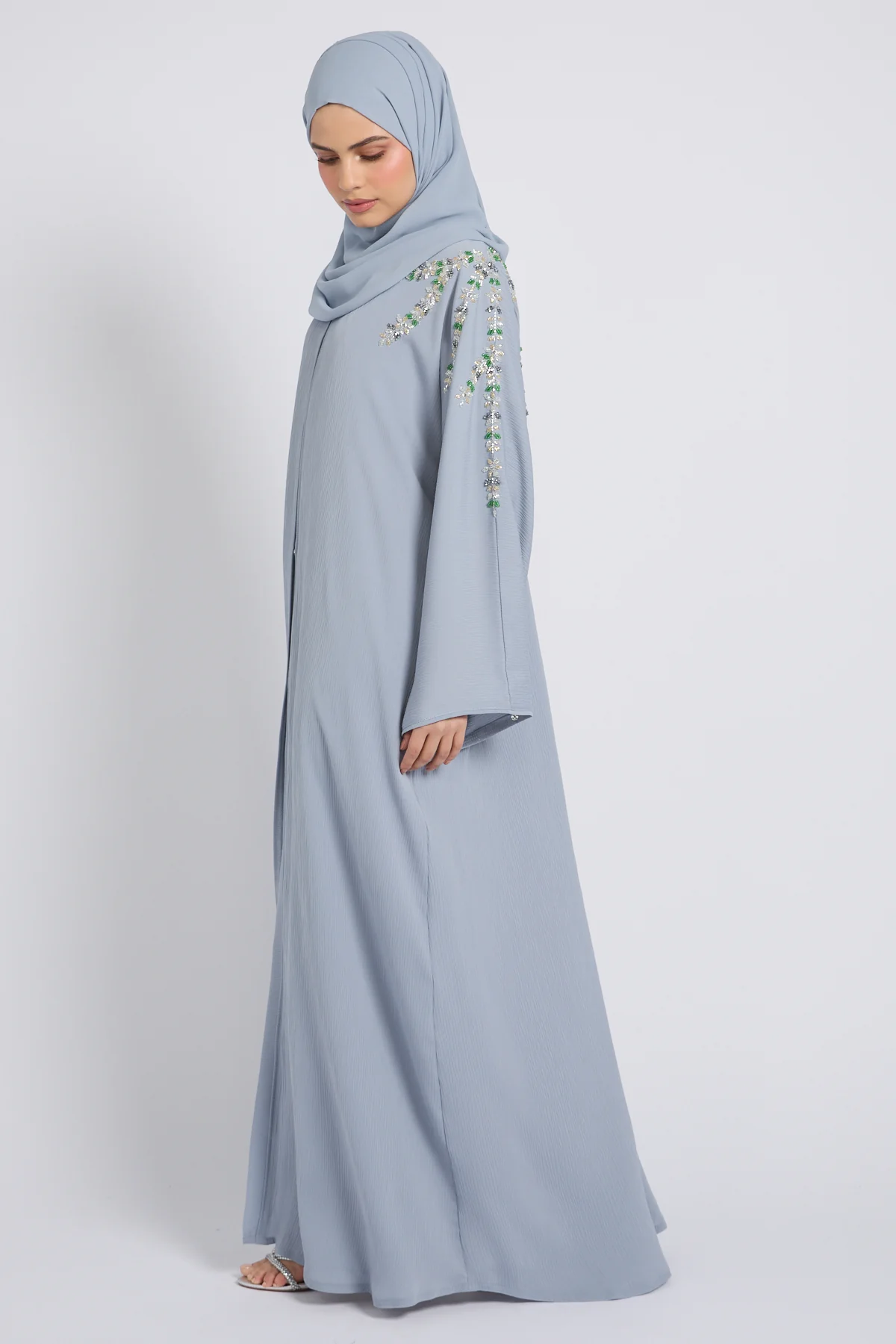 Premium Textured Enchanted Garden Embellished Open Abaya - Powder Blue - Image 6
