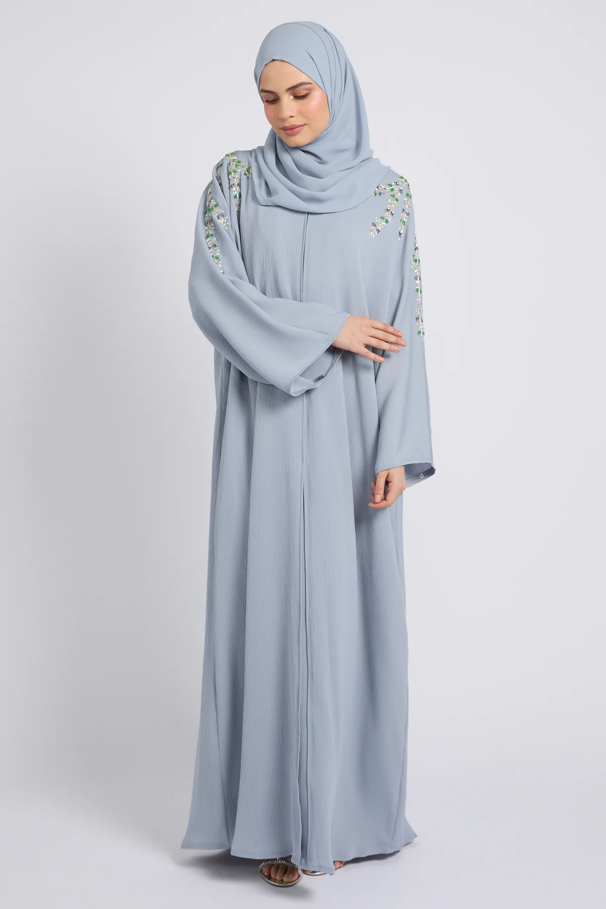 Premium Textured Enchanted Garden Embellished Open Abaya - Powder Blue - Image 7