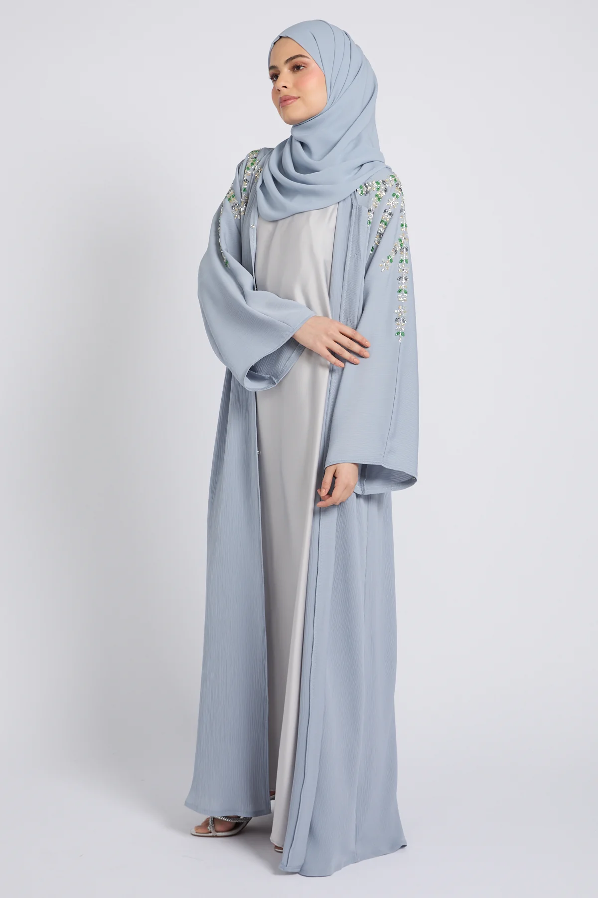 Premium Textured Enchanted Garden Embellished Open Abaya - Powder Blue - Image 8