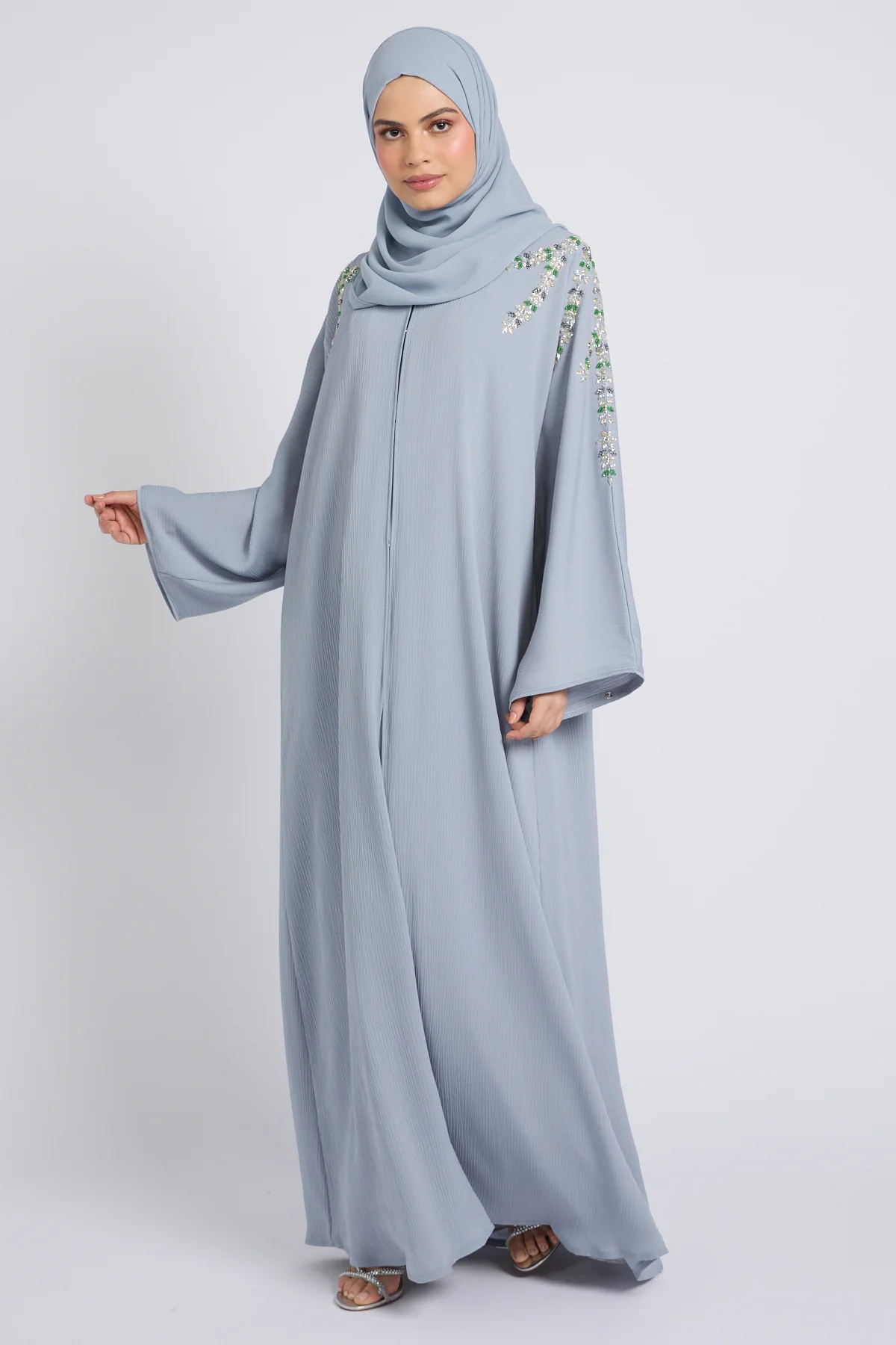 Premium Textured Enchanted Garden Embellished Open Abaya - Powder Blue - Image 9