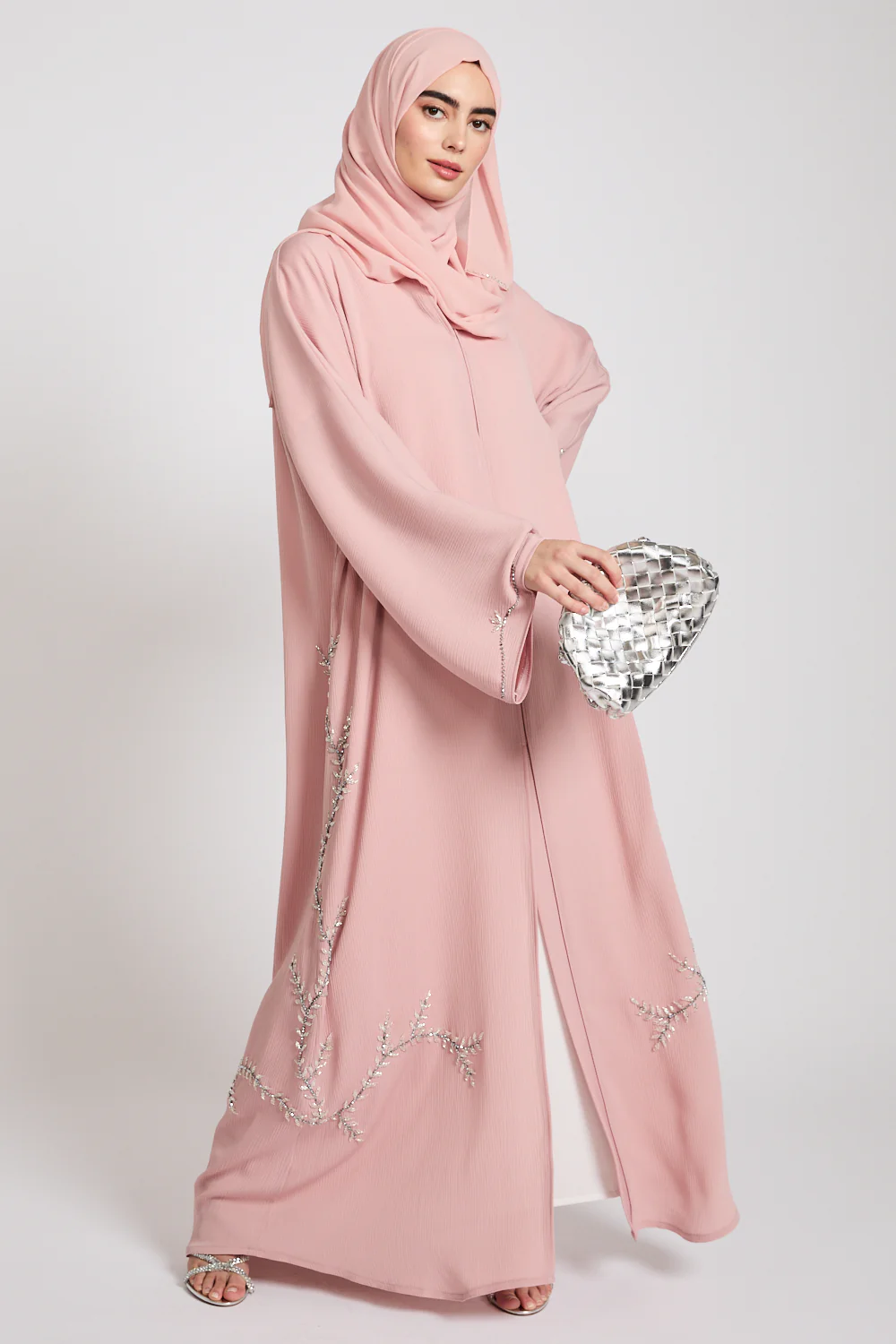 Premium Textured Floral Cascading Embellished Open Abaya - Blush - Image 3