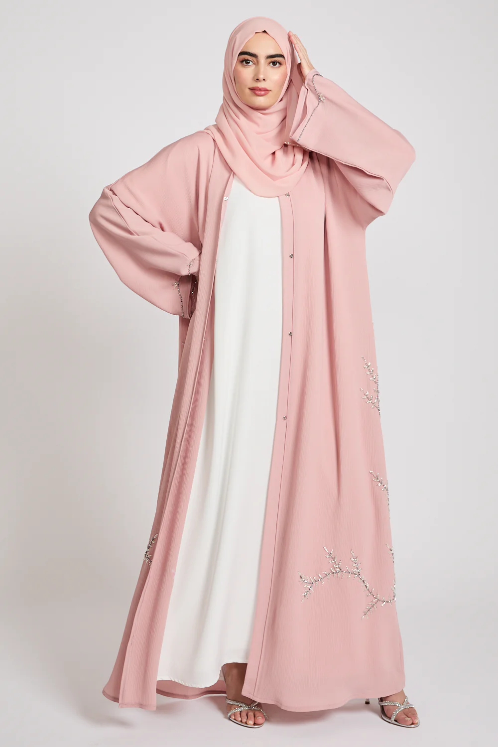 Premium Textured Floral Cascading Embellished Open Abaya - Blush - Image 4