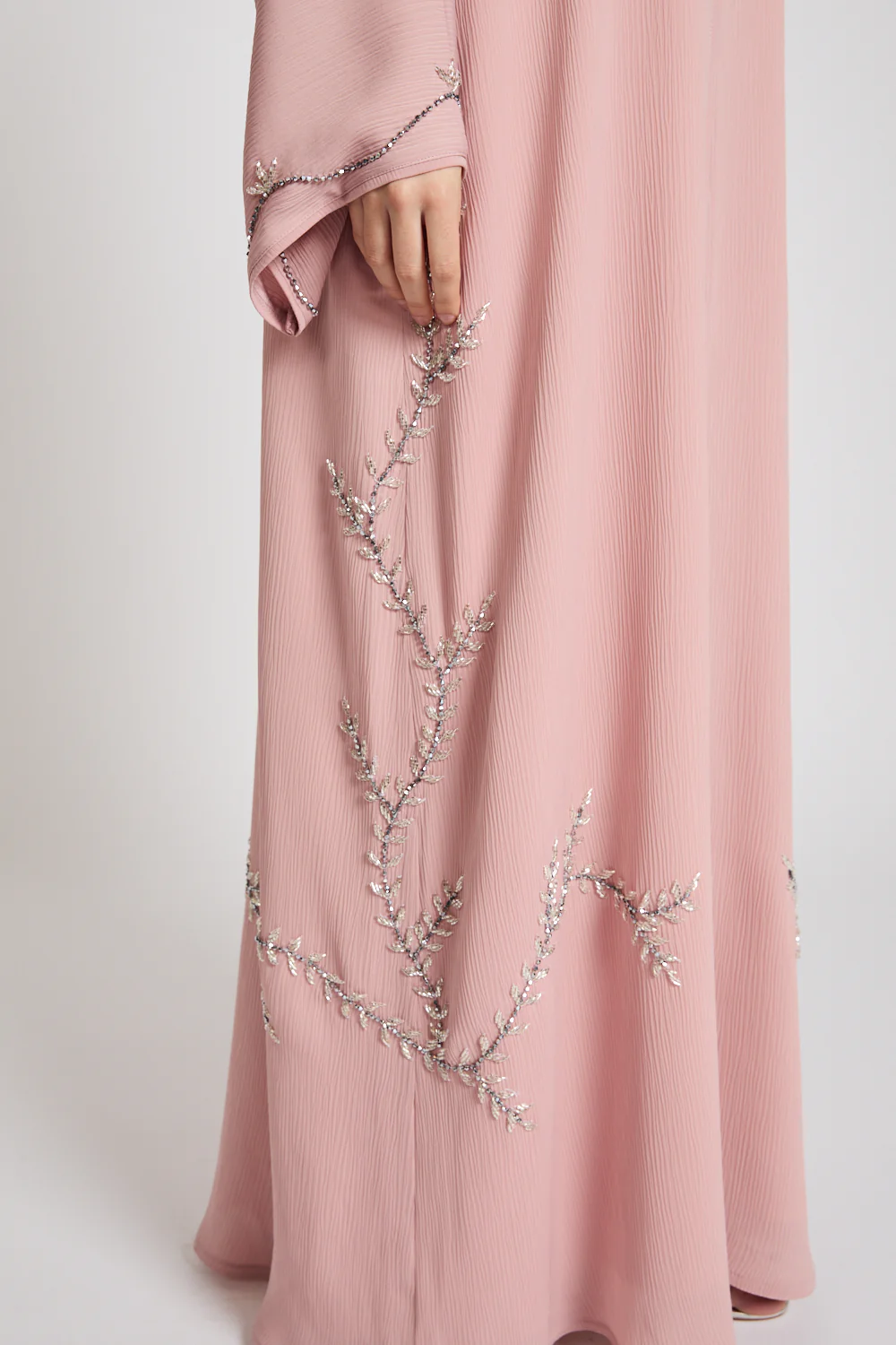 Premium Textured Floral Cascading Embellished Open Abaya - Blush - Image 5