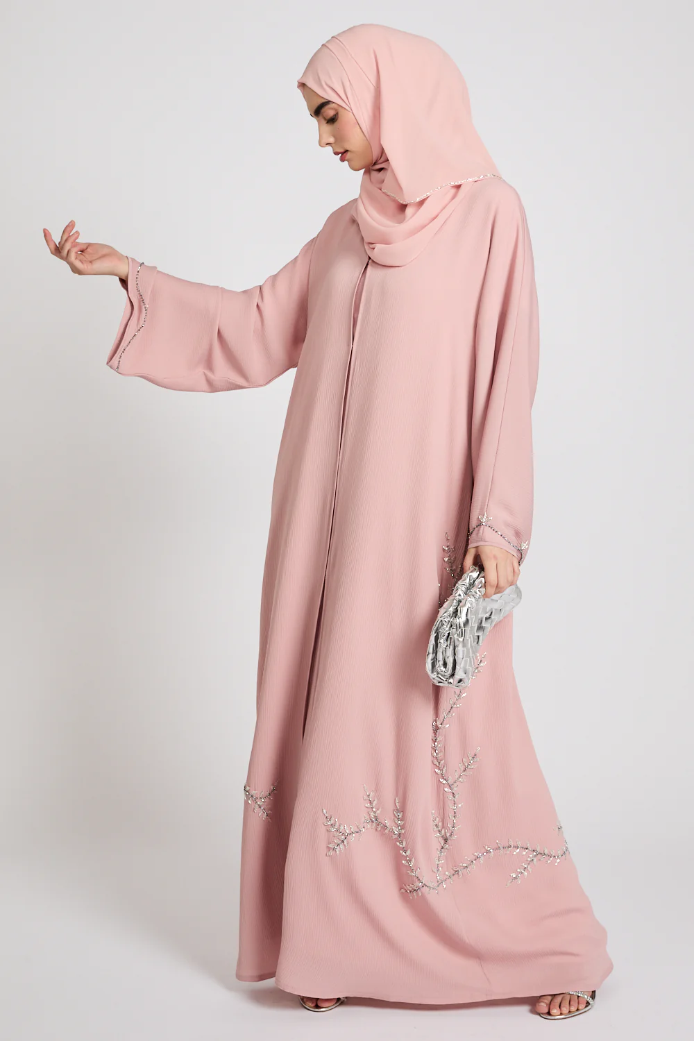 Premium Textured Floral Cascading Embellished Open Abaya - Blush - Image 6