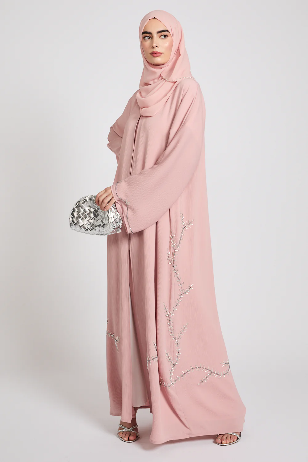 Premium Textured Floral Cascading Embellished Open Abaya - Blush - Image 7