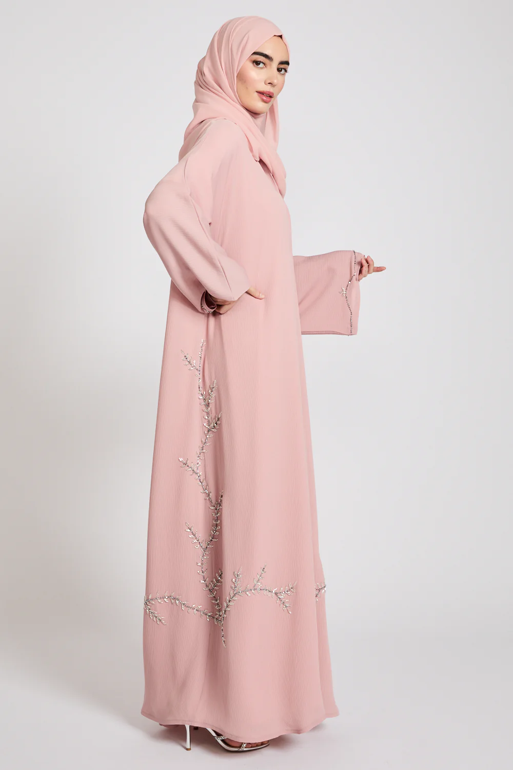 Premium Textured Floral Cascading Embellished Open Abaya - Blush - Image 8