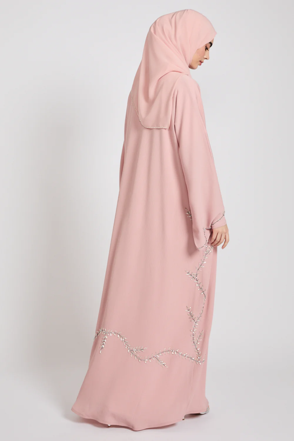 Premium Textured Floral Cascading Embellished Open Abaya - Blush - Image 9