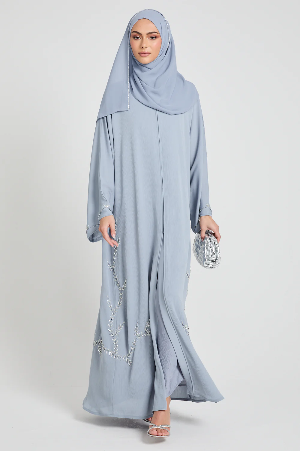 Premium Textured Floral Cascading Embellished Open Abaya - Dusky Powder Blue - Image 10