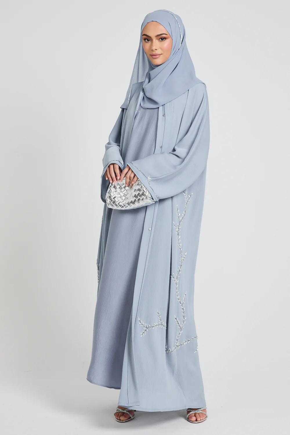 Premium Textured Floral Cascading Embellished Open Abaya - Dusky Powder Blue - Image 4