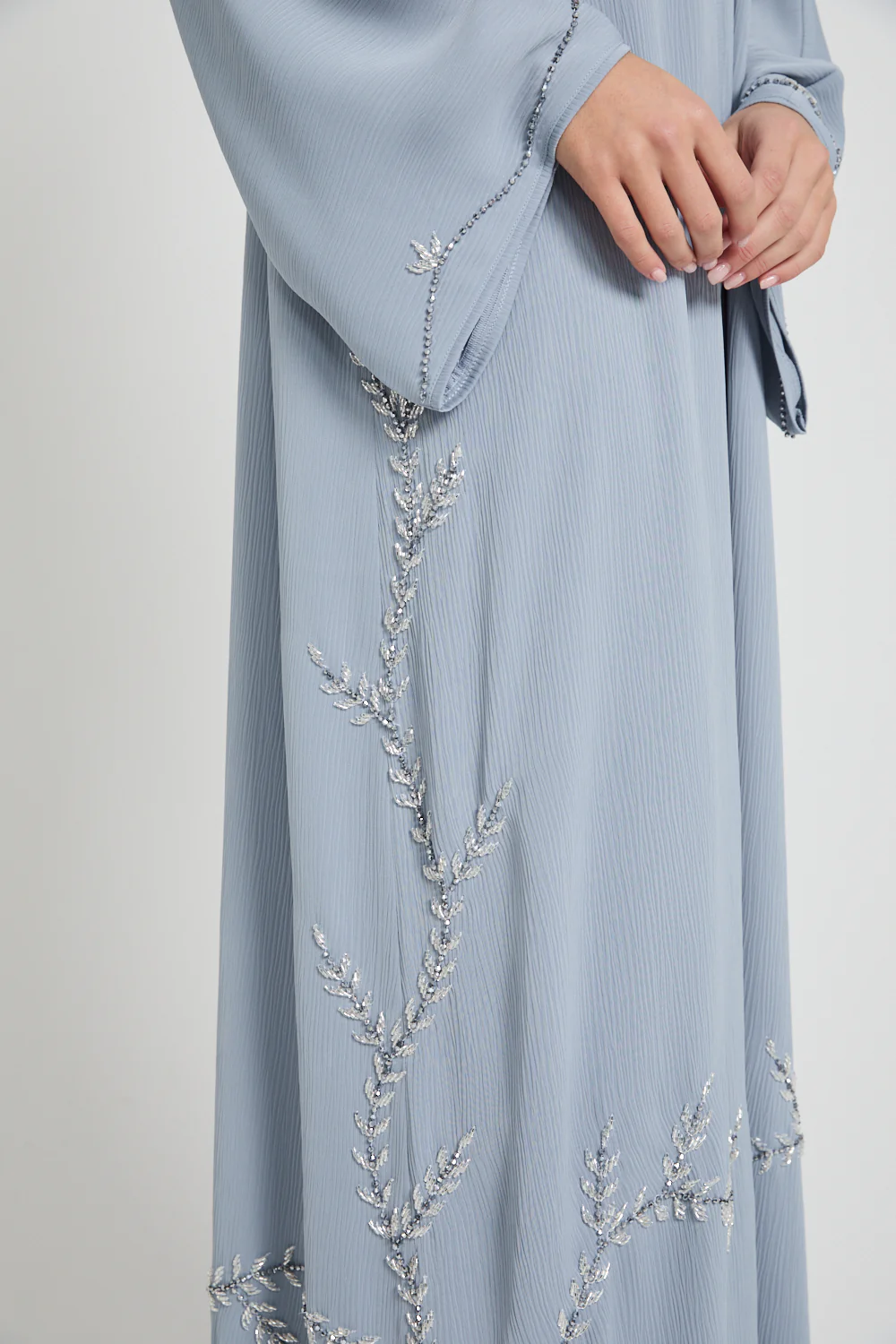 Premium Textured Floral Cascading Embellished Open Abaya - Dusky Powder Blue - Image 6