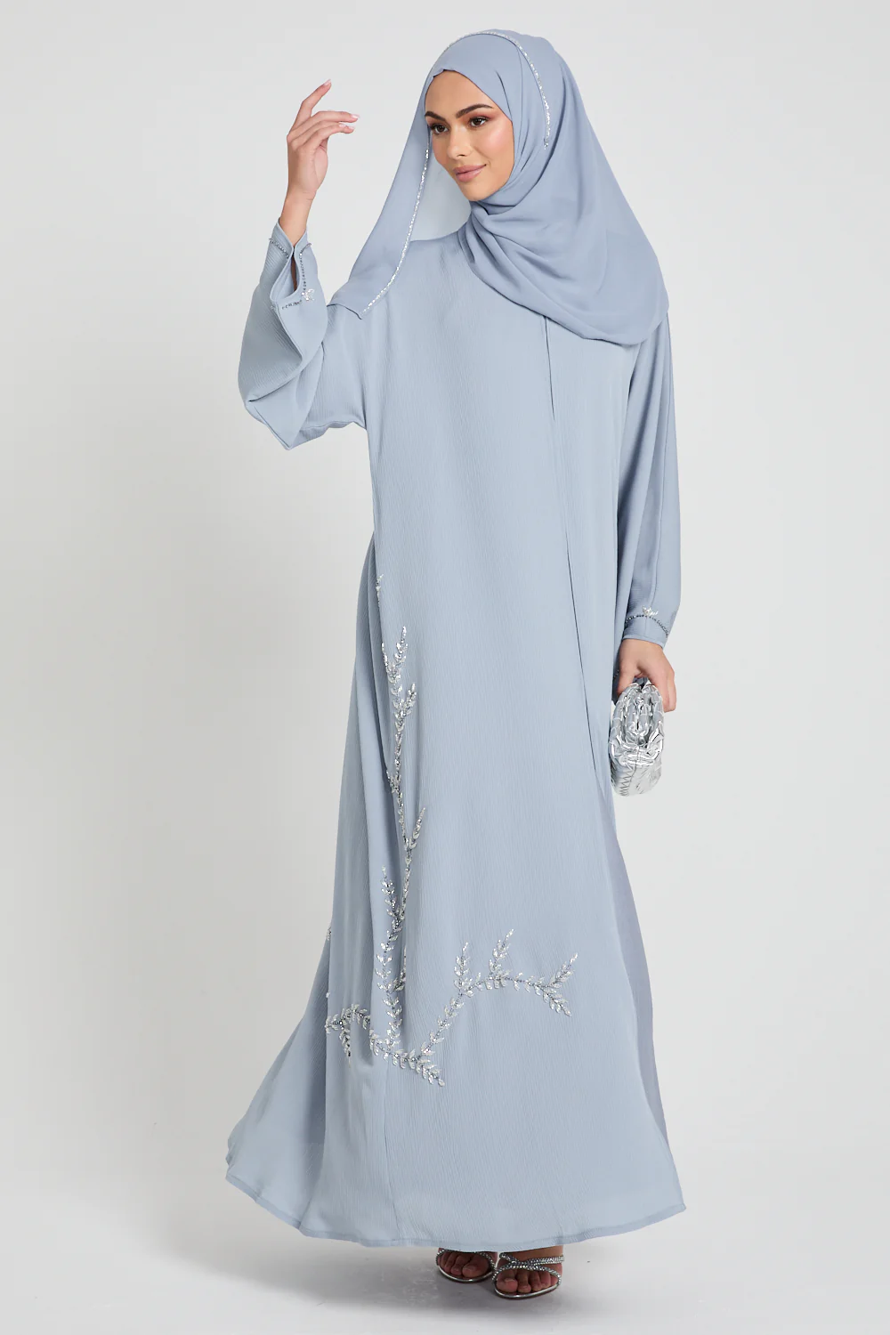 Premium Textured Floral Cascading Embellished Open Abaya - Dusky Powder Blue - Image 8
