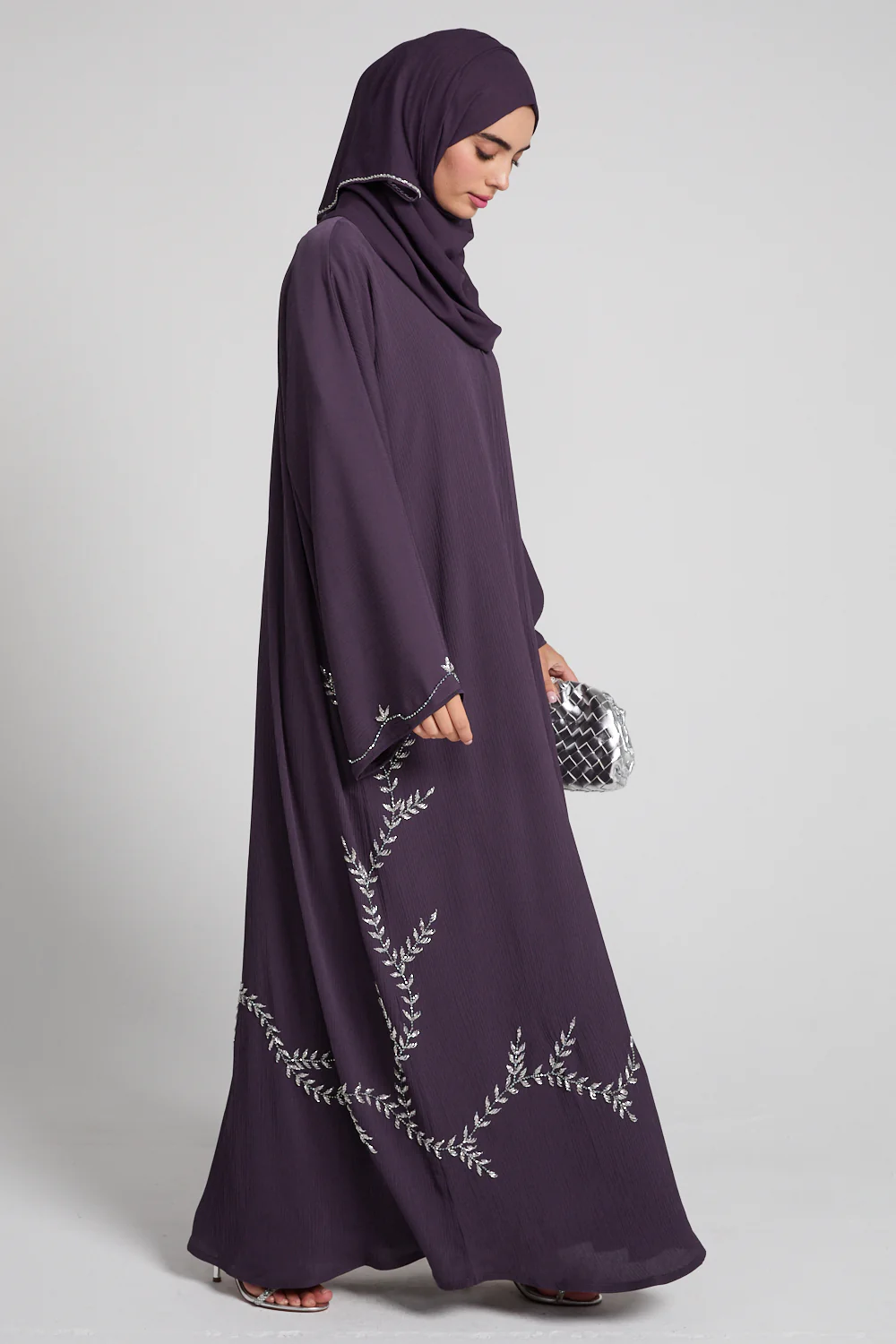 Premium Textured Floral Cascading Embellished Open Abaya - Midnight Mulberry