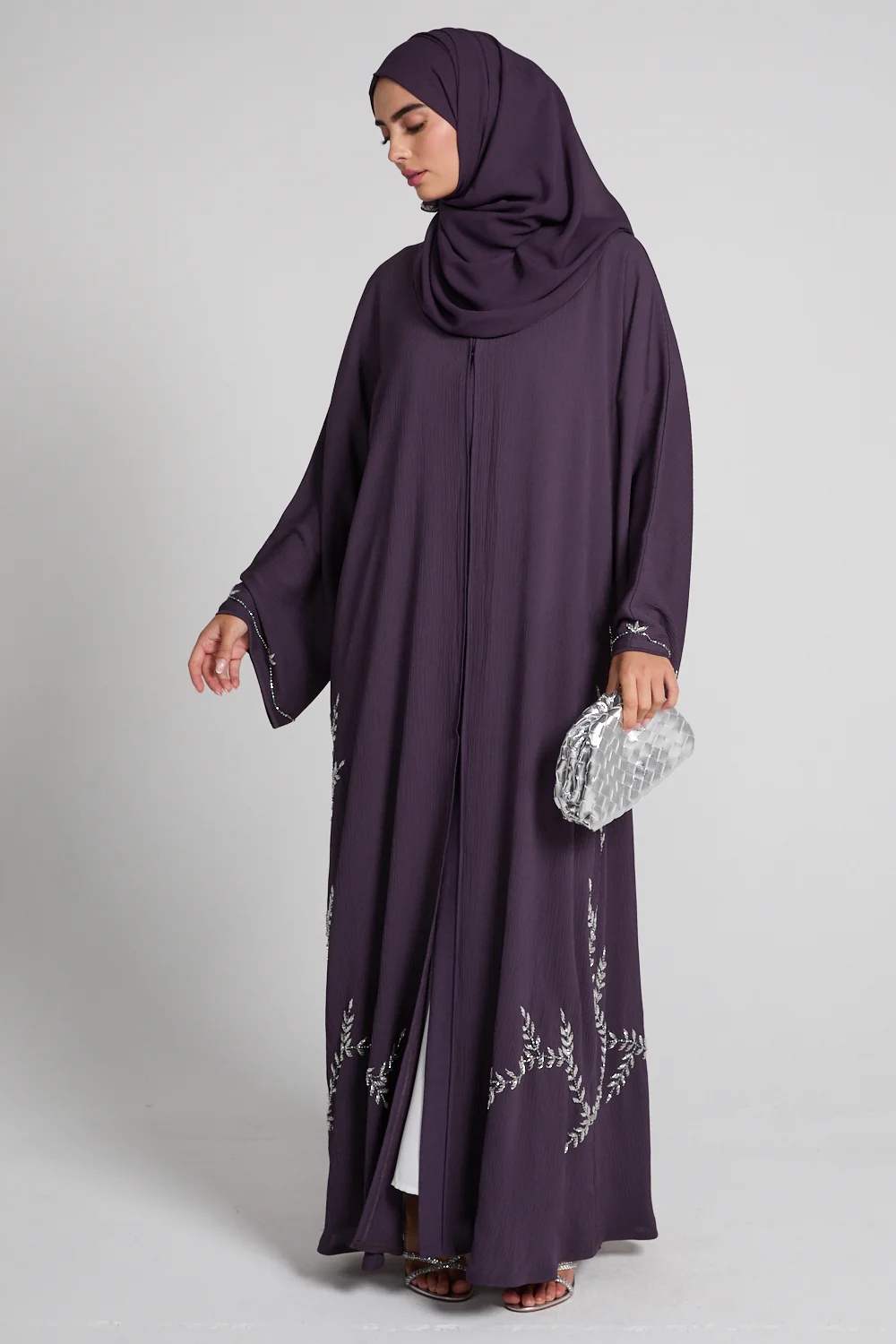 Premium Textured Floral Cascading Embellished Open Abaya - Midnight Mulberry - Image 7