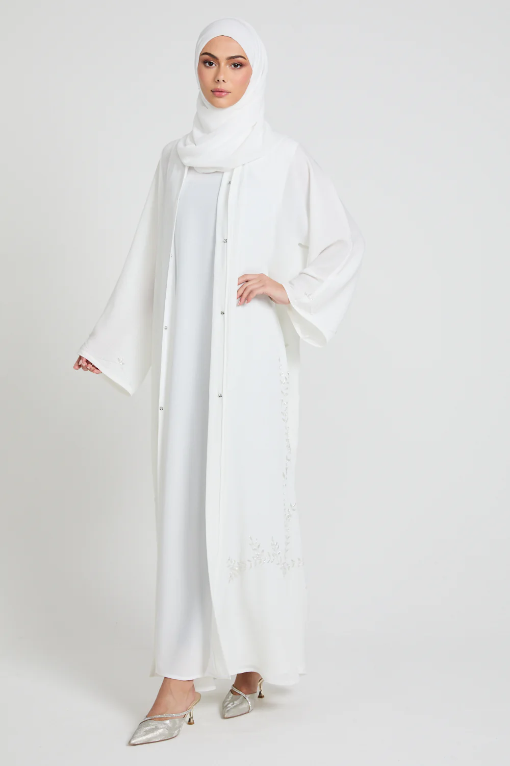 Premium Textured Floral Cascading Embellished Open Abaya - White - Image 3