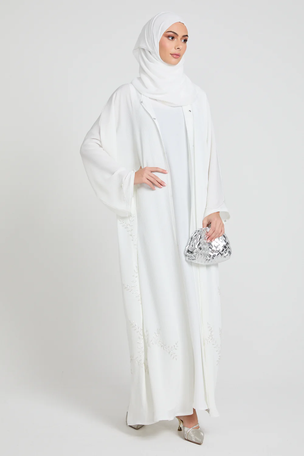 Premium Textured Floral Cascading Embellished Open Abaya - White - Image 4