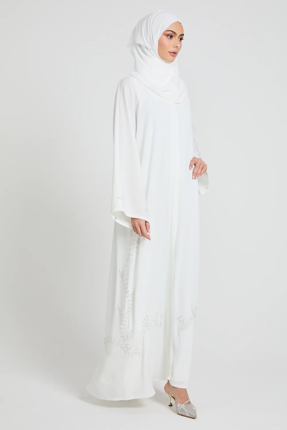 Premium Textured Floral Cascading Embellished Open Abaya - White - Image 5
