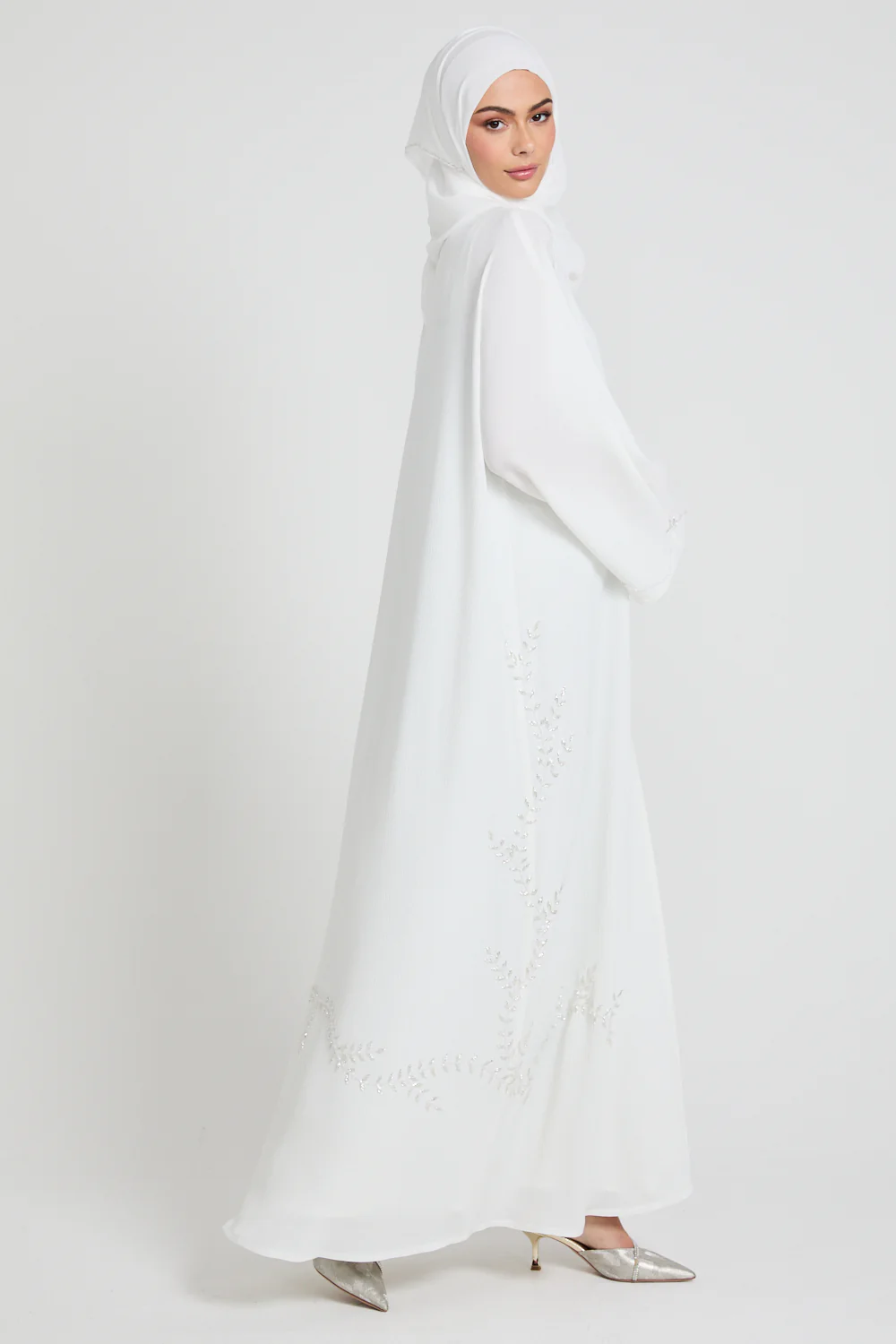 Premium Textured Floral Cascading Embellished Open Abaya - White - Image 6
