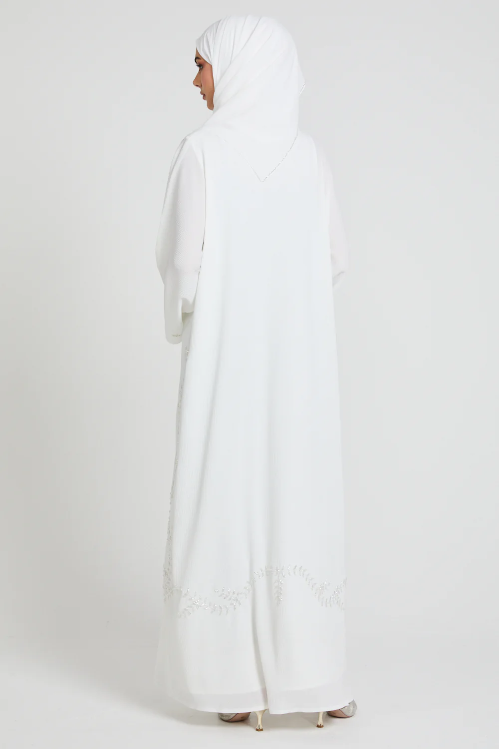 Premium Textured Floral Cascading Embellished Open Abaya - White - Image 7
