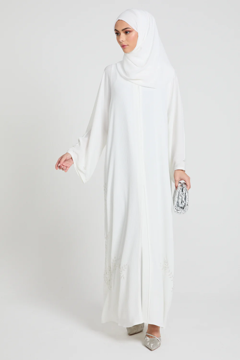 Premium Textured Floral Cascading Embellished Open Abaya - White - Image 8