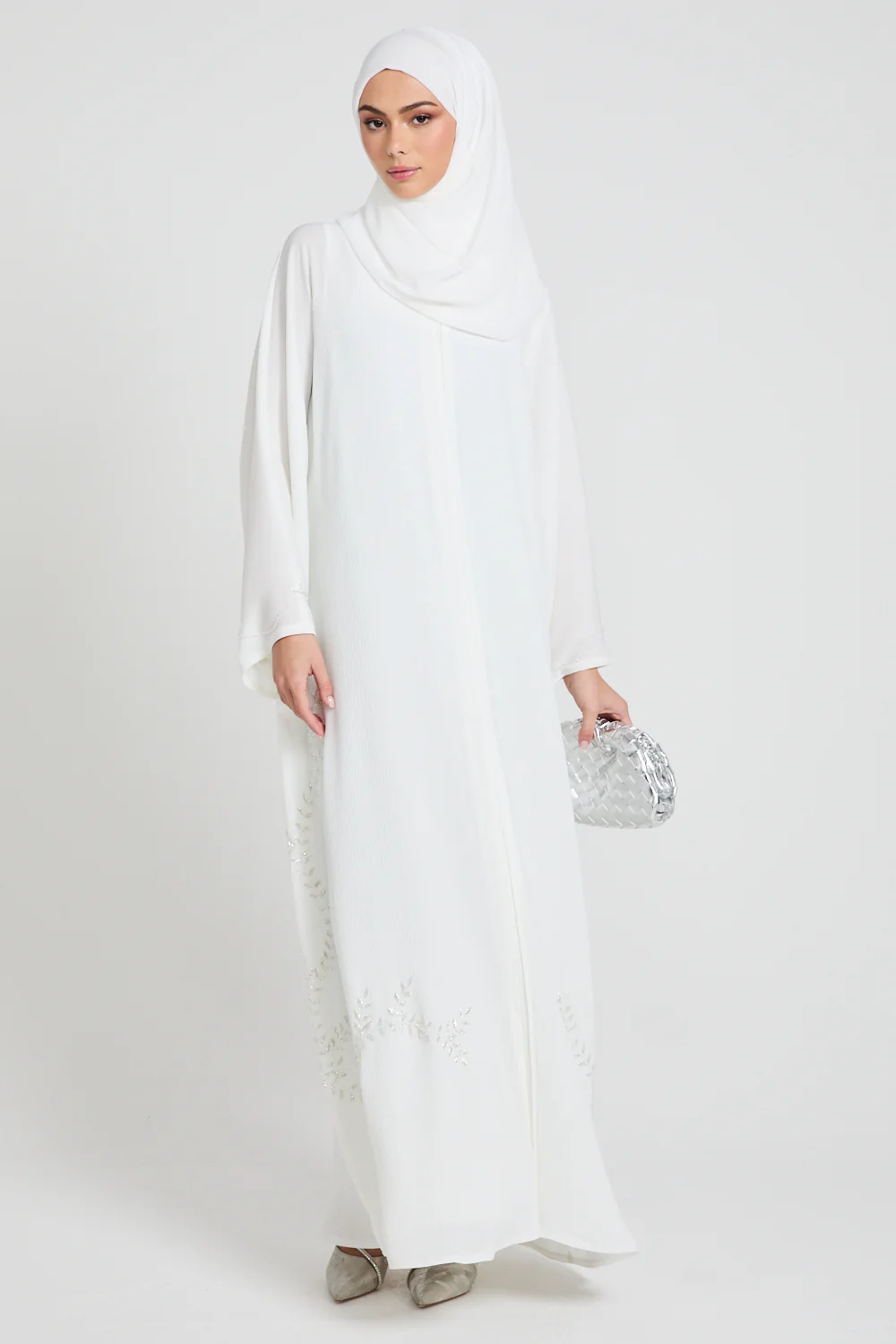 Premium Textured Floral Cascading Embellished Open Abaya - White - Image 9