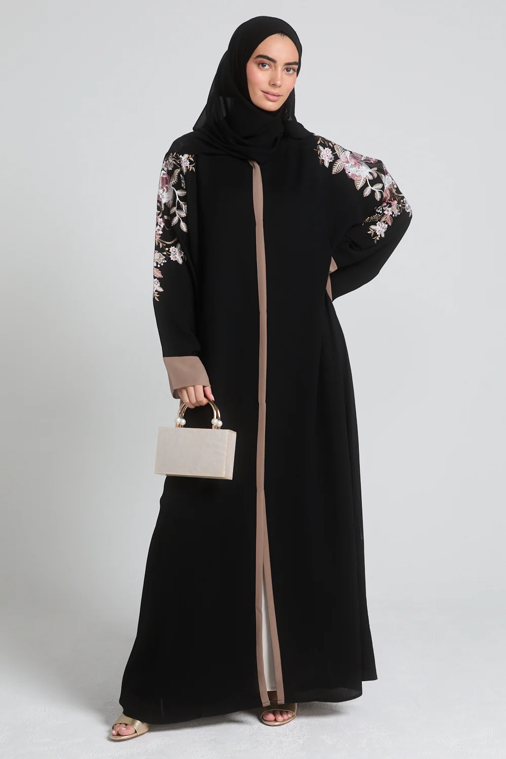 Premium Textured Floral Embroidered Open Abaya - Black - Image 3