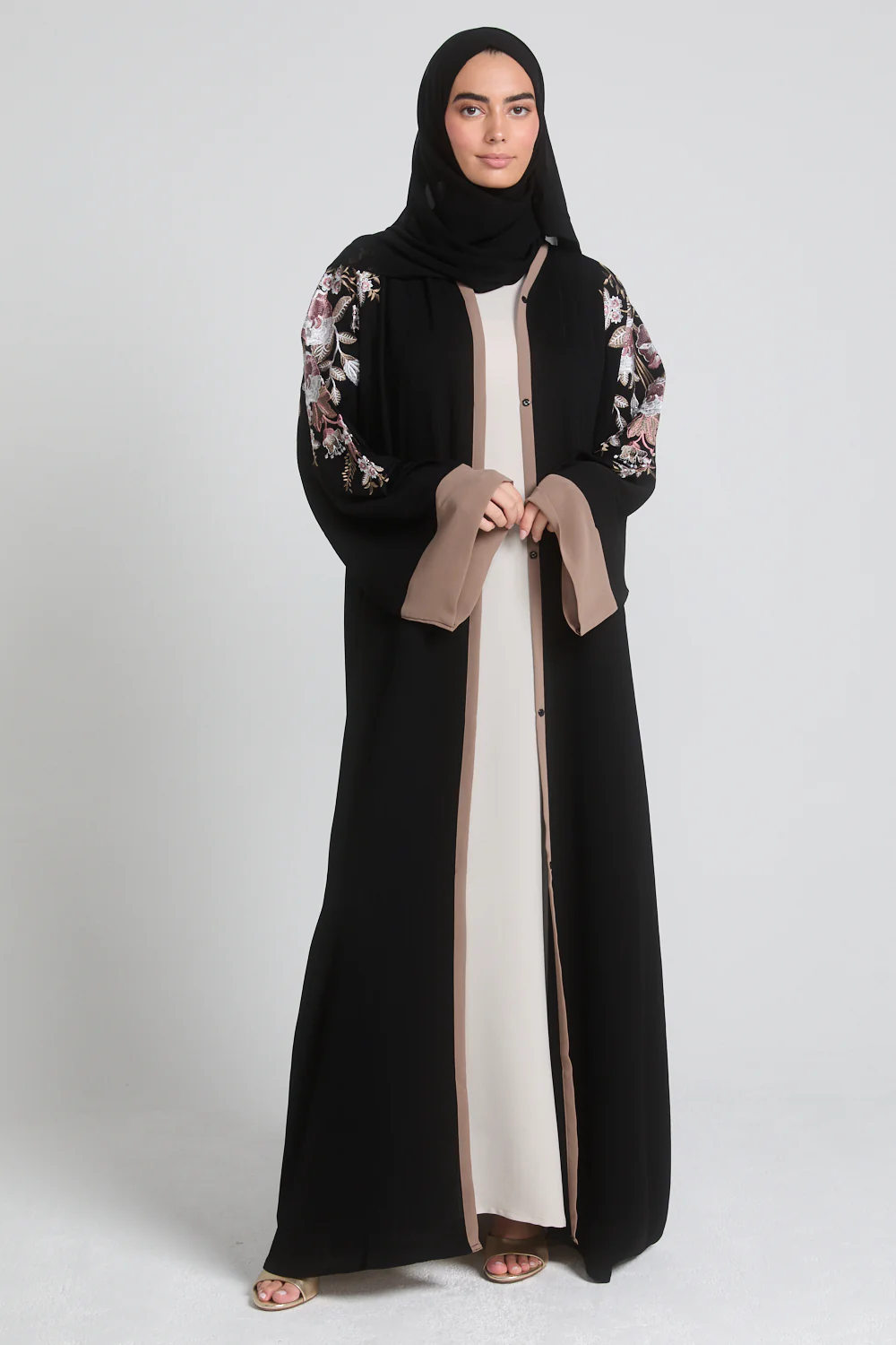 Premium Textured Floral Embroidered Open Abaya - Black - Image 4