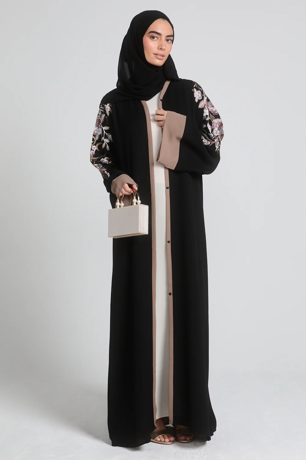Premium Textured Floral Embroidered Open Abaya - Black - Image 5