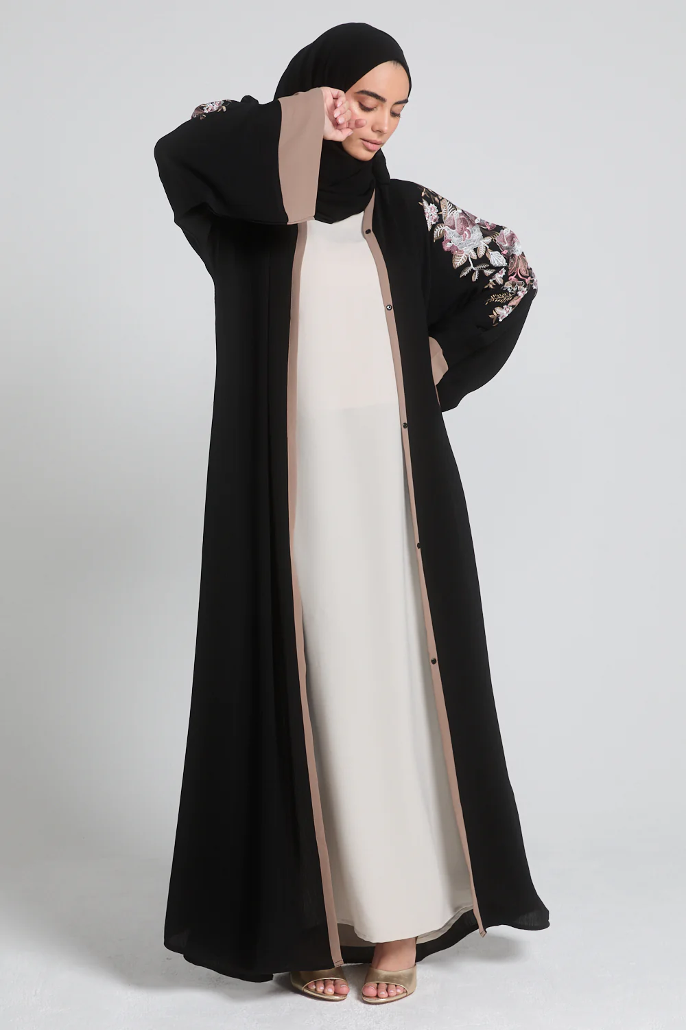 Premium Textured Floral Embroidered Open Abaya - Black - Image 6