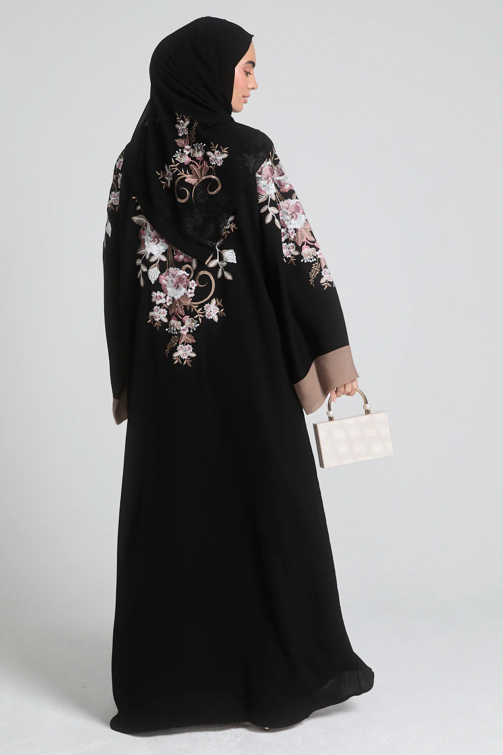 Premium Textured Floral Embroidered Open Abaya - Black - Image 7