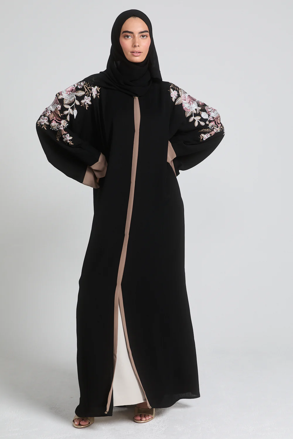 Premium Textured Floral Embroidered Open Abaya - Black - Image 8