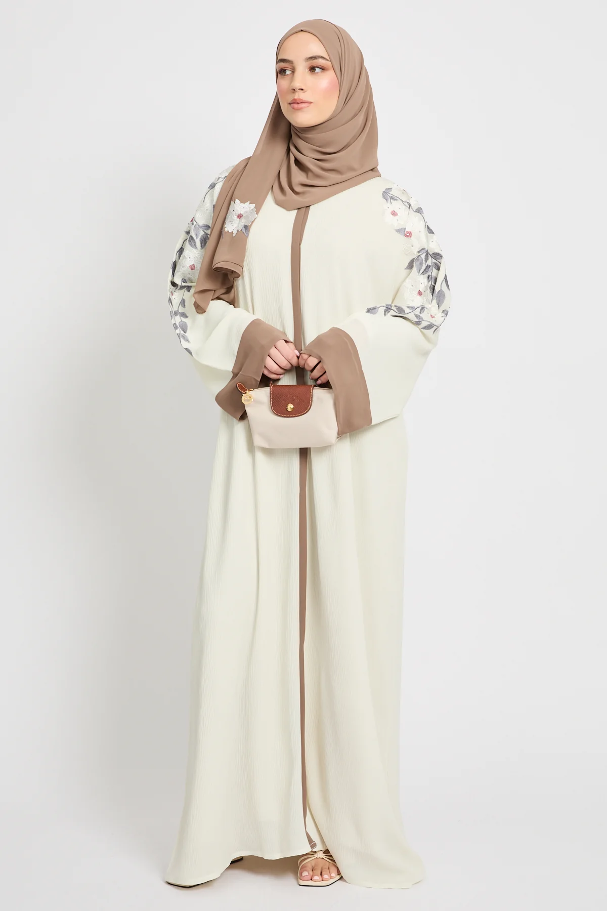 Premium Textured Floral Embroidered Open Abaya  - Ivory White