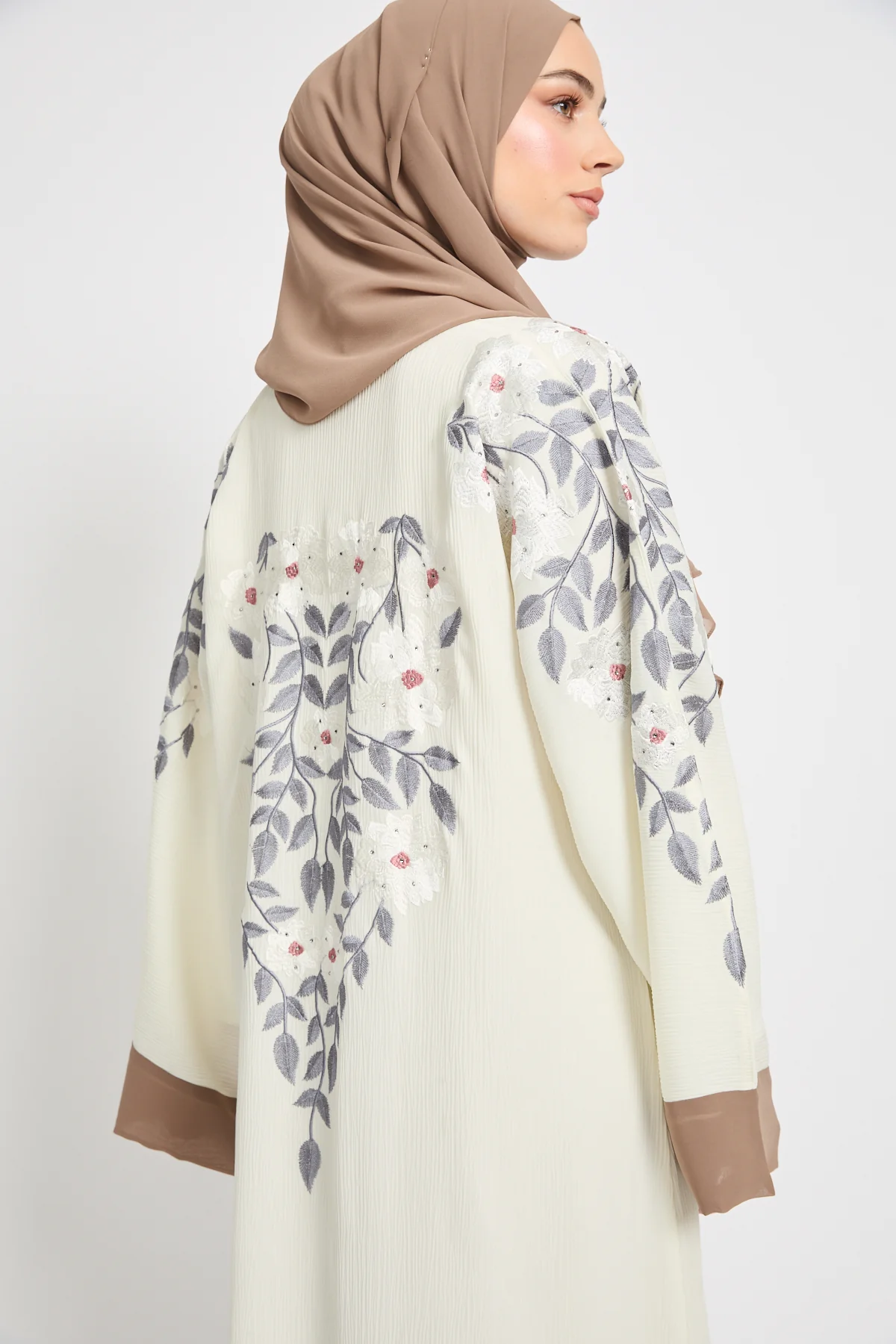 Premium Textured Floral Embroidered Open Abaya  - Ivory White - Image 2
