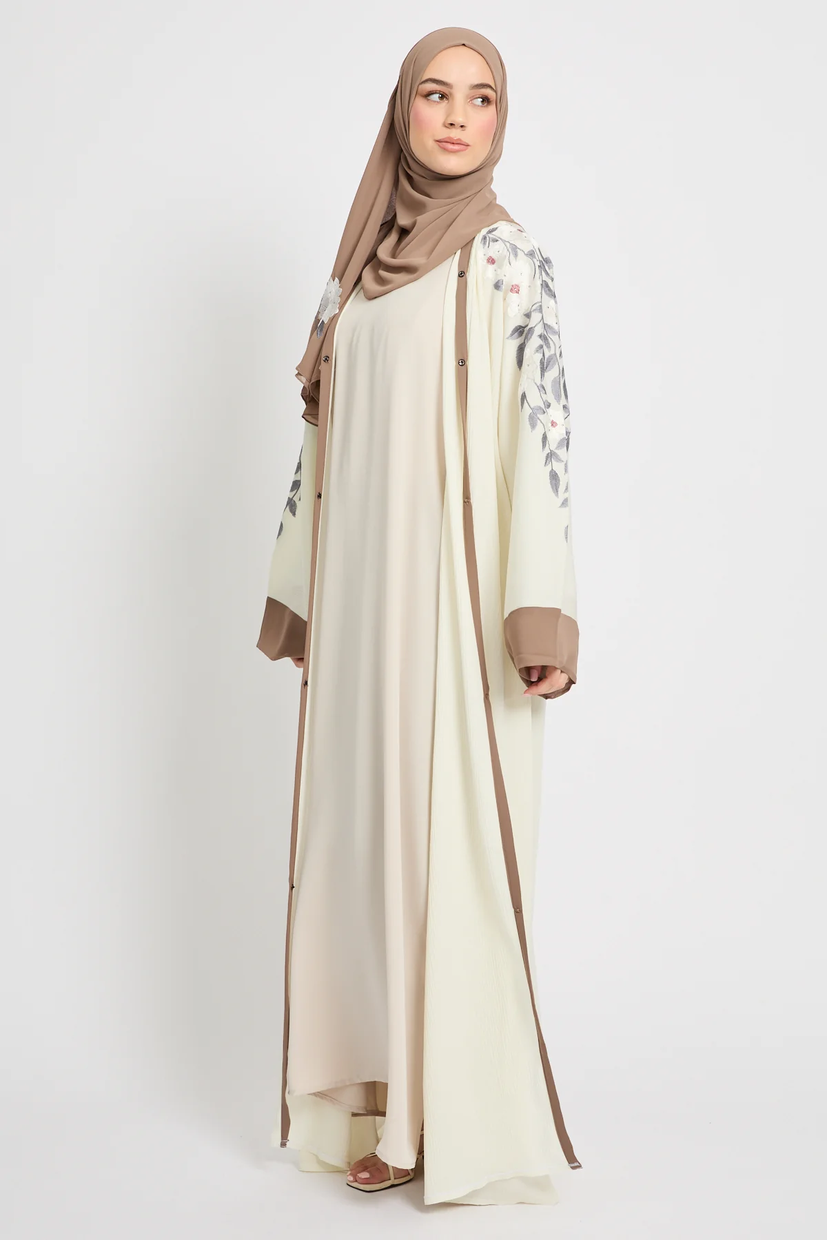 Premium Textured Floral Embroidered Open Abaya  - Ivory White - Image 3