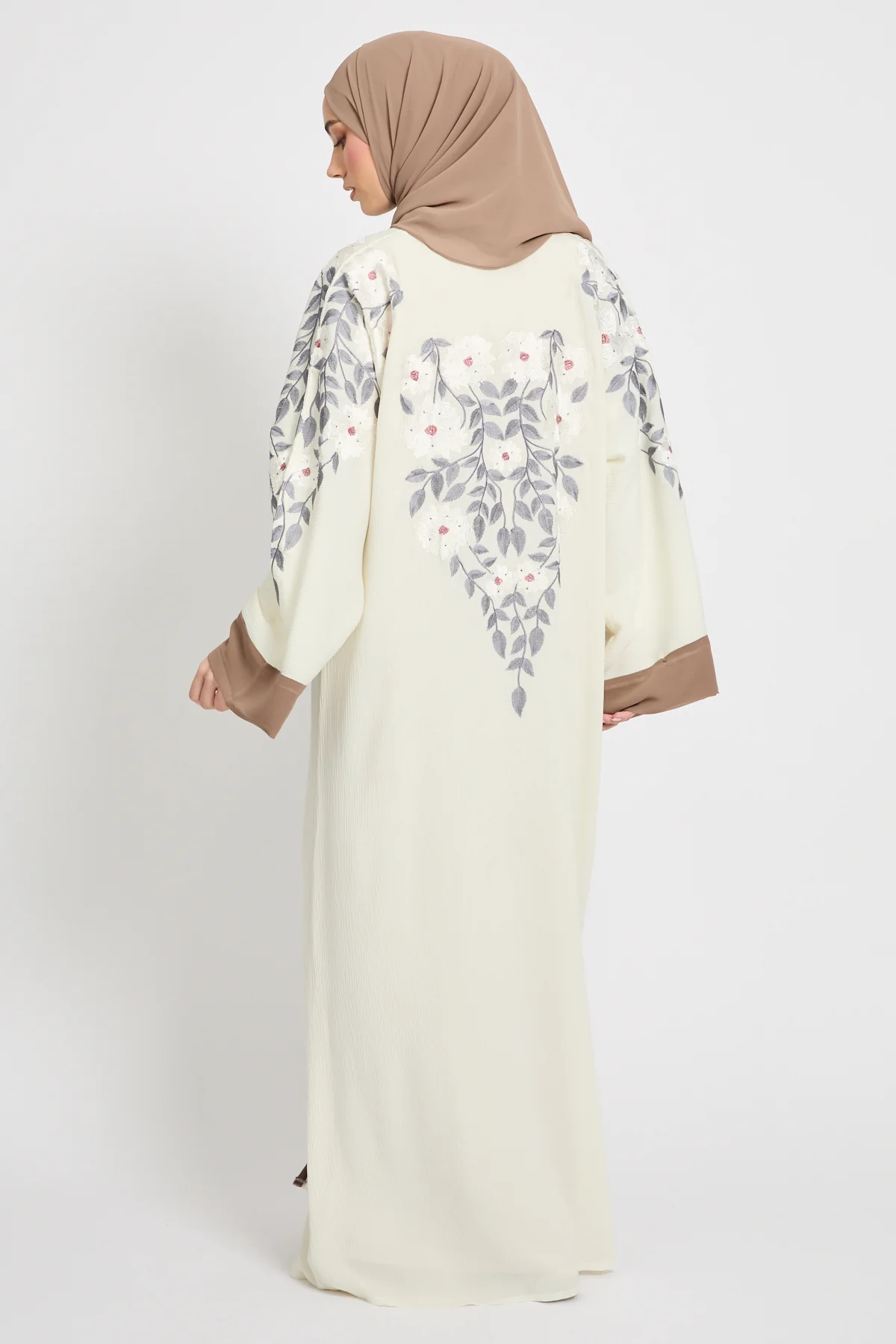 Premium Textured Floral Embroidered Open Abaya  - Ivory White - Image 4