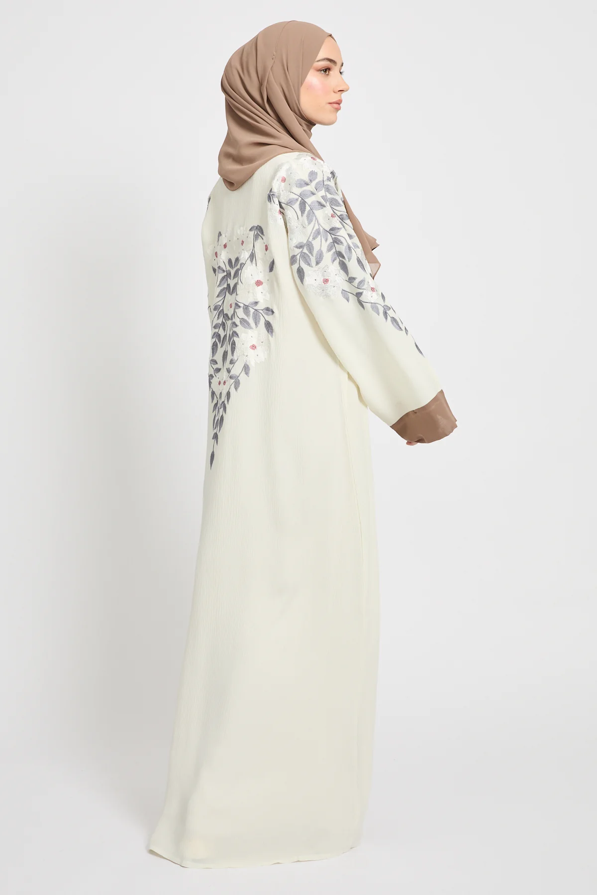 Premium Textured Floral Embroidered Open Abaya  - Ivory White - Image 5