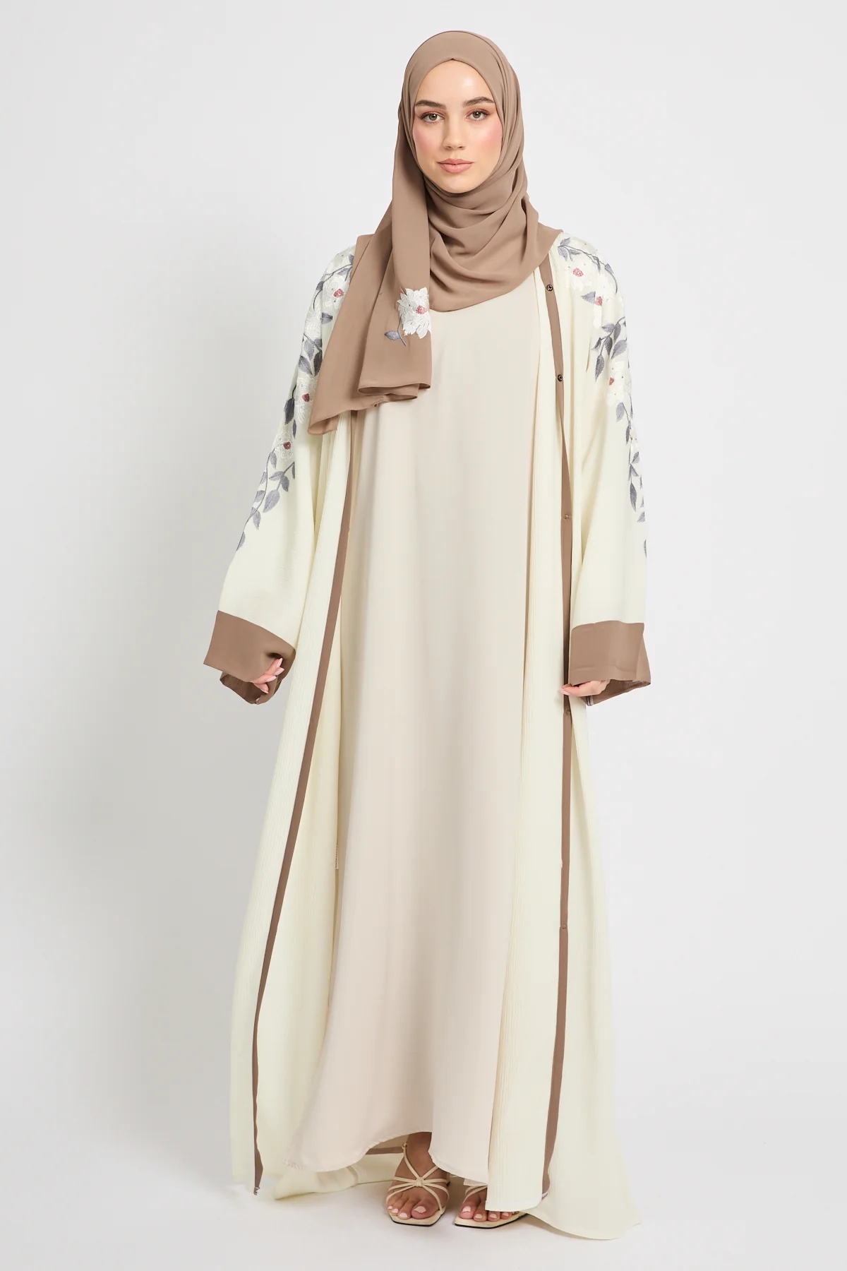 Premium Textured Floral Embroidered Open Abaya  - Ivory White - Image 6